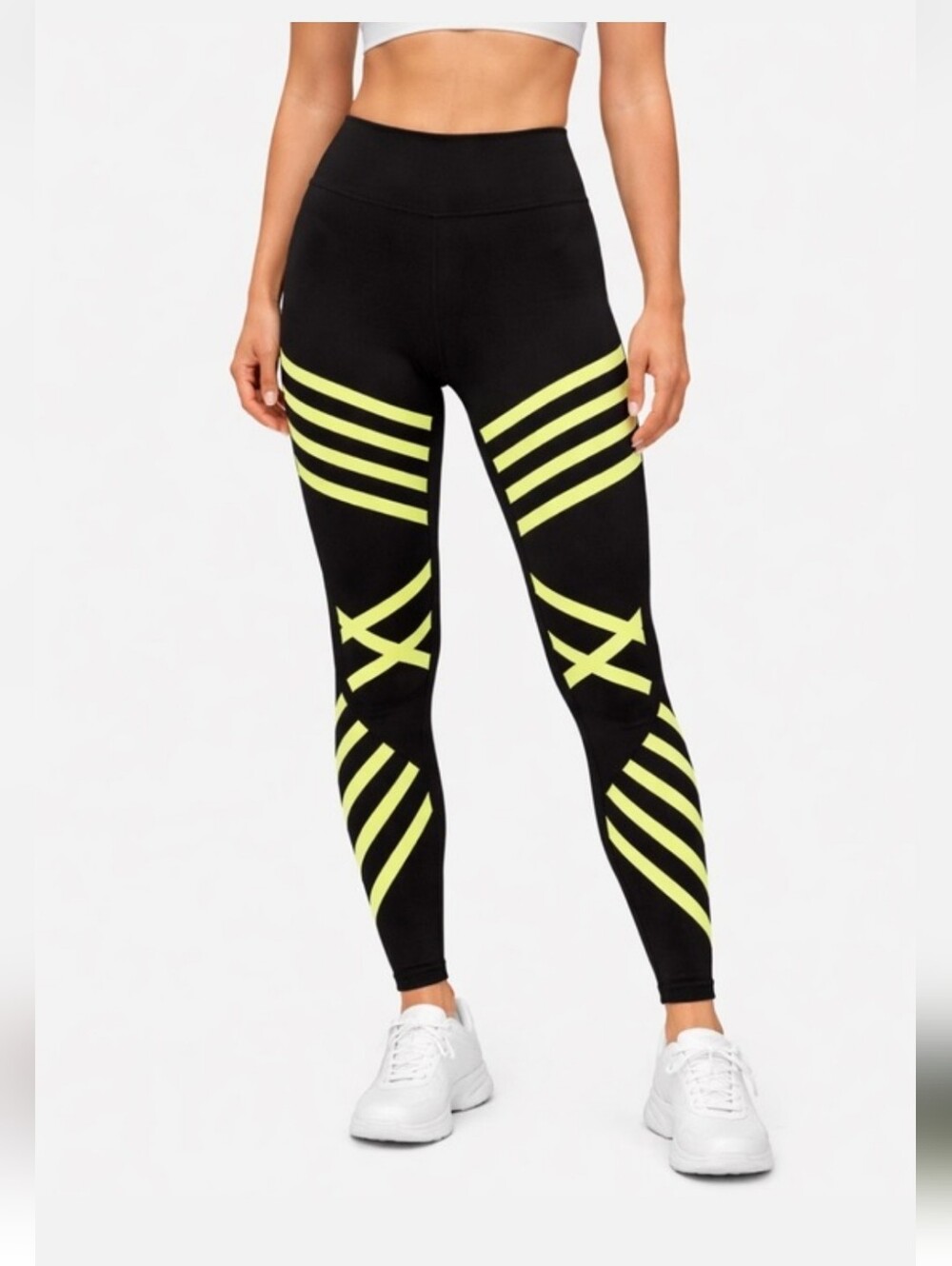 ALO Yoga Black Leggings with Neon Yellow Stripes